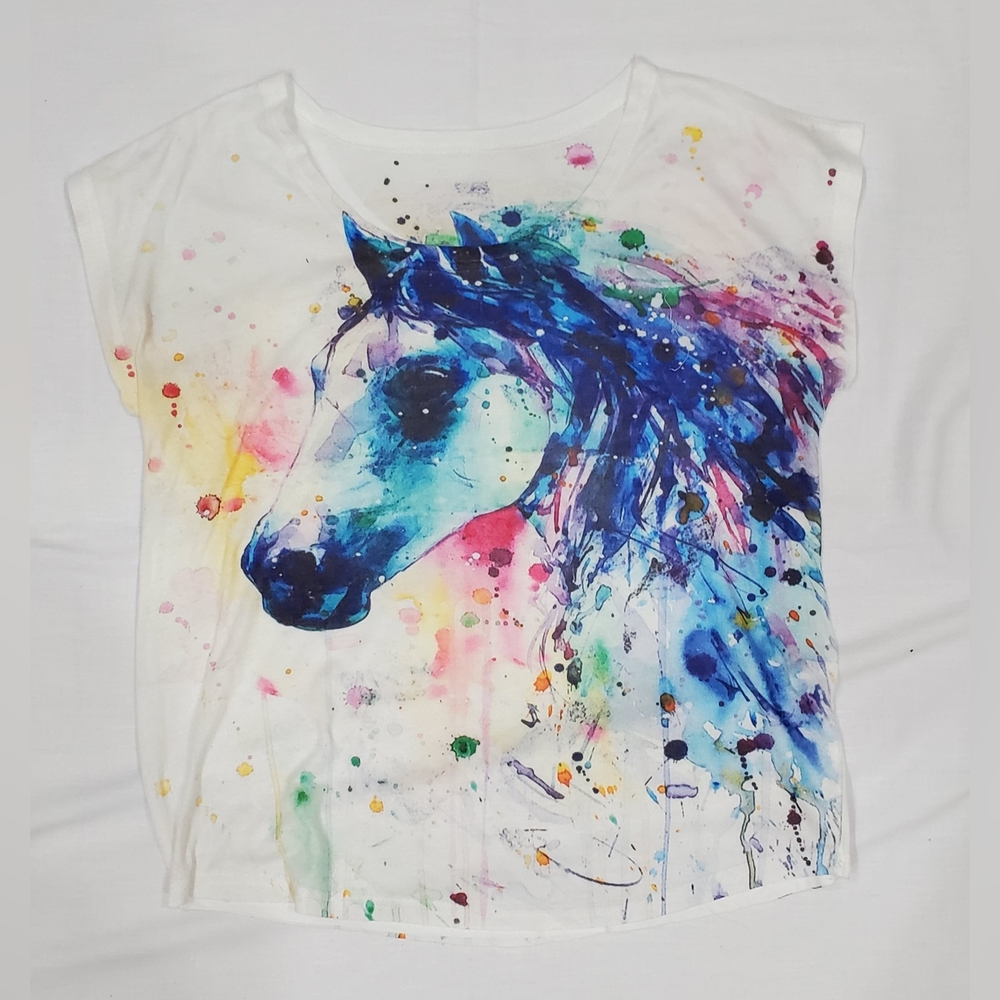 Women's Watercolor Horse Print Tee - White & Multicolor